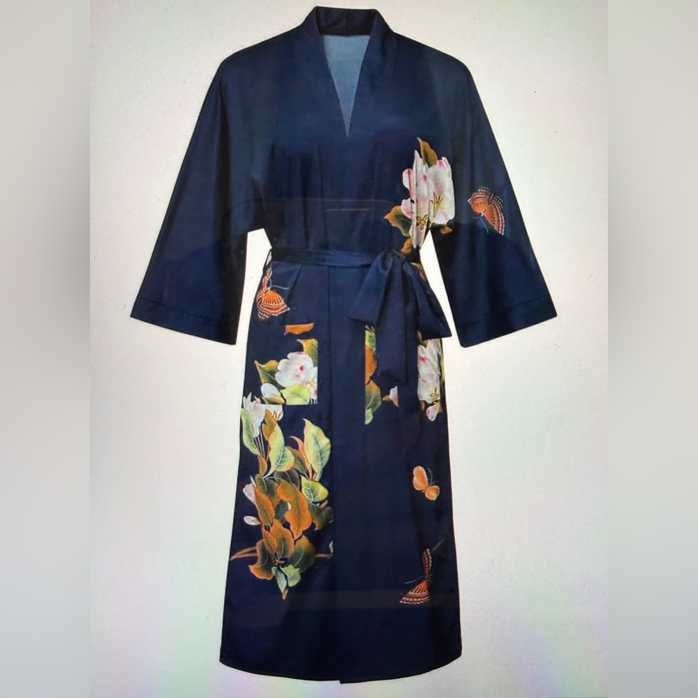 #1074 Women's Navy Blue Floral Silky feel Kimono Robe with pockets & a tie.